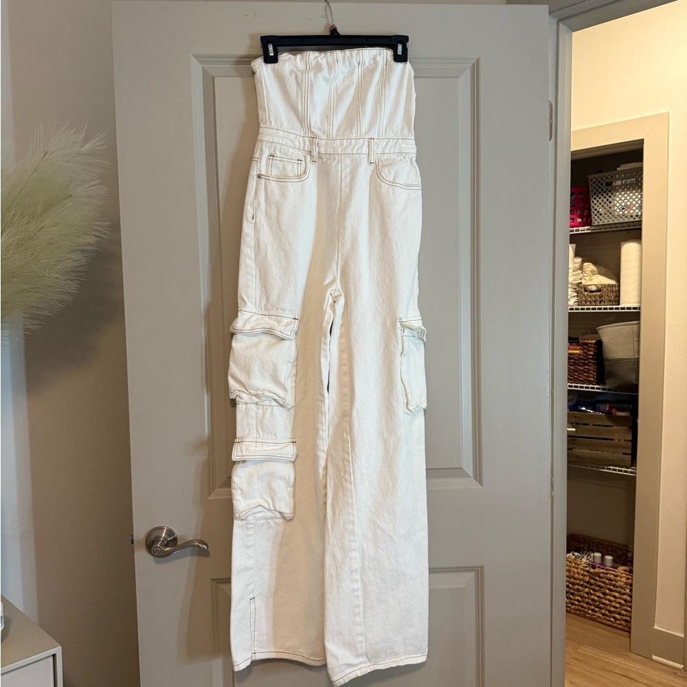 PrettyLittleThing White Denim High-Rise Jumpsuit
